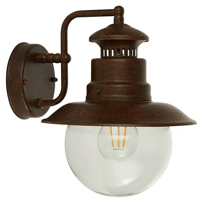 Searchlight Station Außenwandleuchte - 60 W, 26,5 x 27 x 21,5 cm, Braun, IP44 - Eine rustikale Wandleuchte in Braun mit einer klaren Glühbirne, die ein warmes Licht ausstrahlt, perfekt für Außenbereiche.