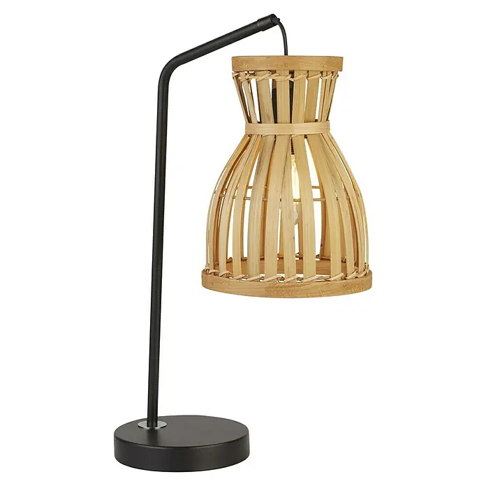 Searchlight Tischleuchte Malaga - 60 W, L x B x H: 26 x 17 x 45 cm, E14 - Eine moderne Tischleuchte mit schwarzem Metallfuß und einem Lampenschirm aus hellem Holz, ideal für eine stilvolle Beleuchtung.
