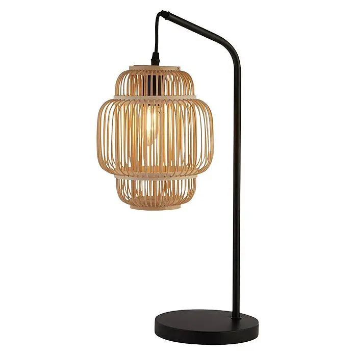 Searchlight Tischleuchte Java - 60 W, L x B x H: 19,5 x 19,5 x 55 cm, Braun/Schwarz, E27, Durchmesser: 20 cm - Elegante Tischleuchte mit einem Schirm aus Bambus und einem schwarzen Metallgestell, ideal für stimmungsvolle Beleuchtung.