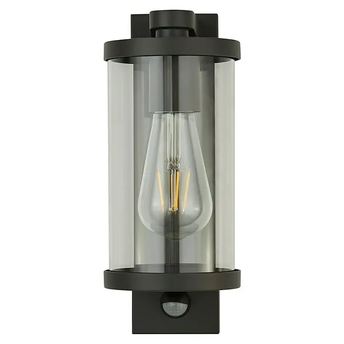 Searchlight Sensor-Außenleuchte Bakerloo - 60 W, 16 x 12 x 29 cm, Schwarz, IP44 - Nahaufnahme einer schwarzen Wandleuchte mit klarem Glasgehäuse, die eine Edison-Glühbirne umgibt, und einem Bewegungssensor an der Basis.