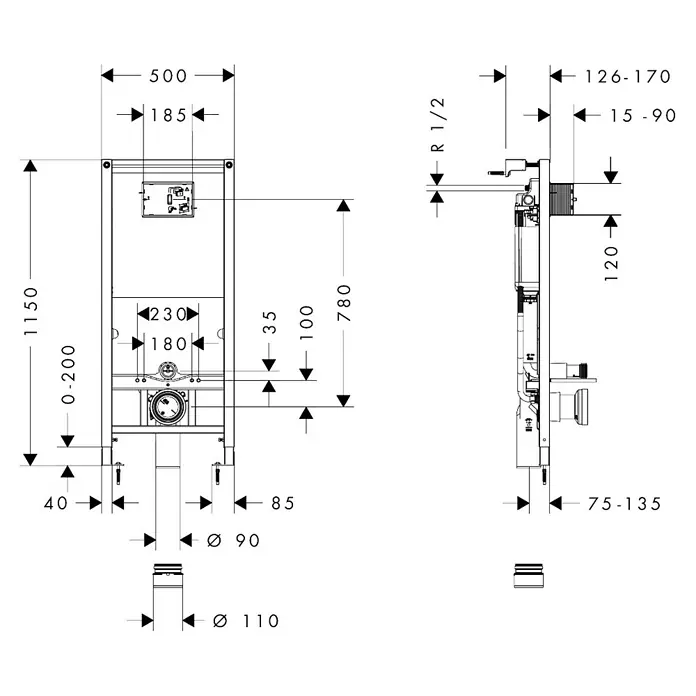 Hansgrohe Cisterna de WC empotrada iFrame - Volumen de descarga: 3 l - 6 l, 2 descargas - Un esquema de instalación sanitaria con dimensiones, que ilustra las dimensiones y especificaciones de la instalación mural.