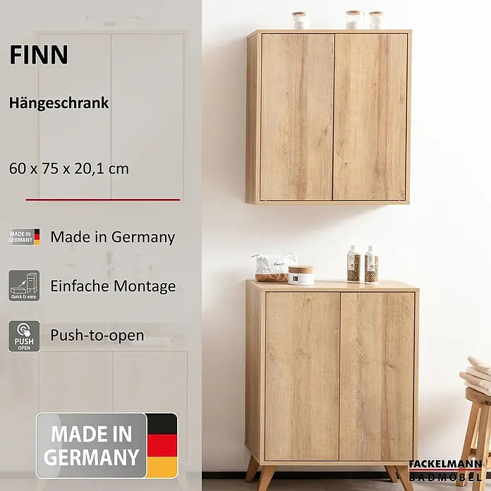 Fackelmann Finn Bad-Hängeschrank - B x T x H: 600 x 201 x 750 mm, Ast-Eiche - Das Bild zeigt einen FINN Hängeschrank und einen passenden Unterschrank in Holzoptik von Fackelmann Badmöbel.