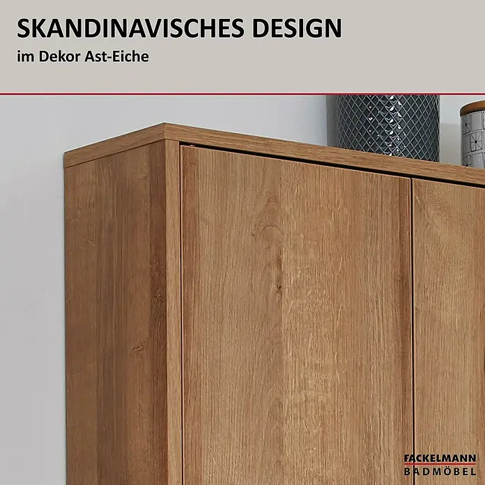 Fackelmann Finn Bad-Hängeschrank - B x T x H: 600 x 201 x 750 mm, Ast-Eiche - Detailaufnahme eines Fackelmann-Badezimmermöbels im skandinavischen Design, Dekor Ast-Eiche, das die hochwertige Verarbeitung hervorhebt.