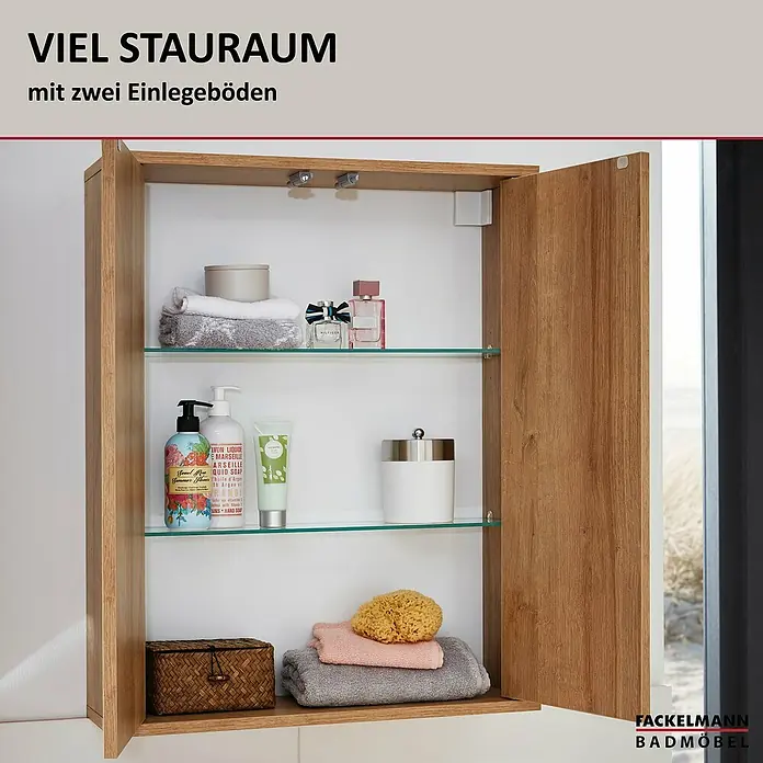 Fackelmann Finn Bad-Hängeschrank - B x T x H: 600 x 201 x 750 mm, Ast-Eiche - Badmöbel: Der Spiegelschrank bietet viel Stauraum mit zwei Einlegeböden für Badutensilien und Accessoires.