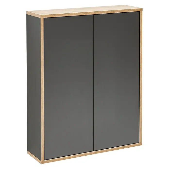 Fackelmann Finn Bad-Hängeschrank - B x T x H: 600 x 201 x 750 mm, Ast-Eiche, Anthrazit - Ein moderner Schrank mit grauen Türen und einem hellen Holzrahmen für stilvolle Aufbewahrung.