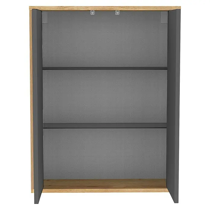 Fackelmann Finn Bad-Hängeschrank - B x T x H: 600 x 201 x 750 mm, Ast-Eiche, Anthrazit - Innenansicht eines offenen Holzregals mit drei Ablageflächen, ideal für die stilvolle Aufbewahrung von Gegenständen.