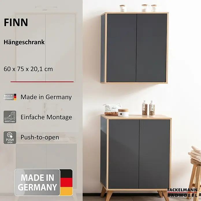 Fackelmann Finn Bad-Hängeschrank - B x T x H: 600 x 201 x 750 mm, Ast-Eiche, Anthrazit - Produktfoto eines grauen Fackelmann FINN Hängeschranks und eines Unterschranks mit heller Holzumrandung, die ein modernes Badezimmerambiente erzeugen.