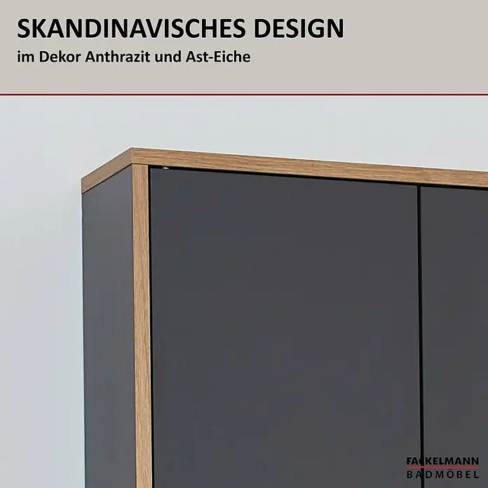 Fackelmann Finn Bad-Hängeschrank - B x T x H: 600 x 201 x 750 mm, Ast-Eiche, Anthrazit - Moderner Badezimmerschrank im skandinavischen Design mit anthrazitfarbenen Flächen und Akzenten in Ast-Eiche.