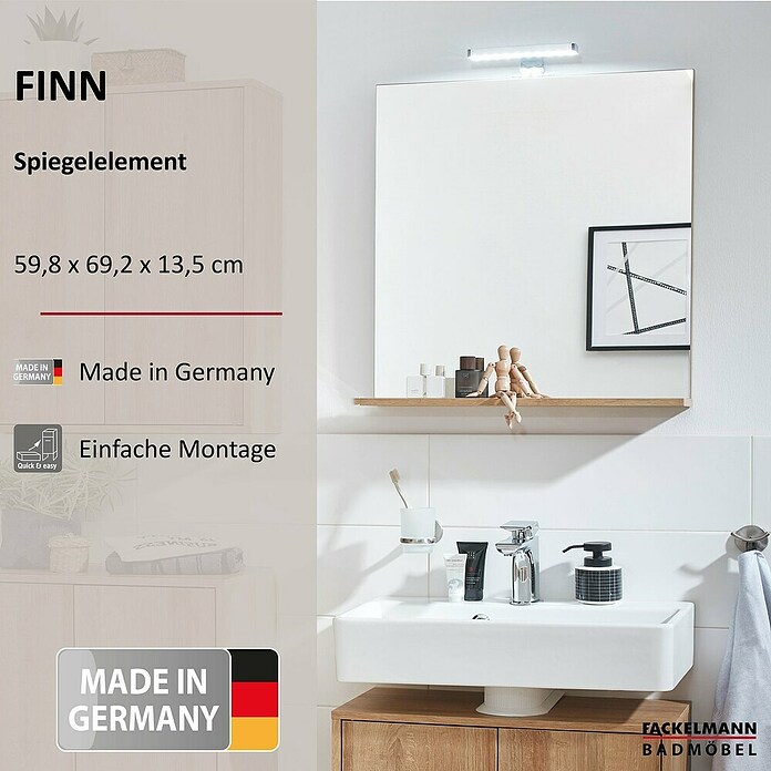 Fackelmann Finn Ablagespiegel (598 x 135 x 692 mm, Ast-Eiche) | BAUHAUS