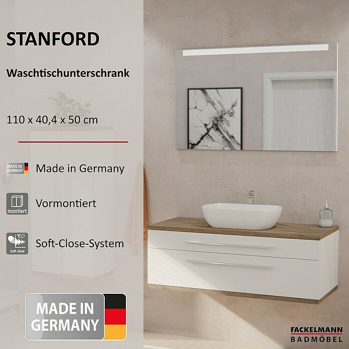 Fackelmann Stanford Waschbeckenunterschrank (B x T x H: 1 100 x 500 x 404 mm, Nature Oak, Weiß, OHNE Beckenausschnitt) | BAUHAUS