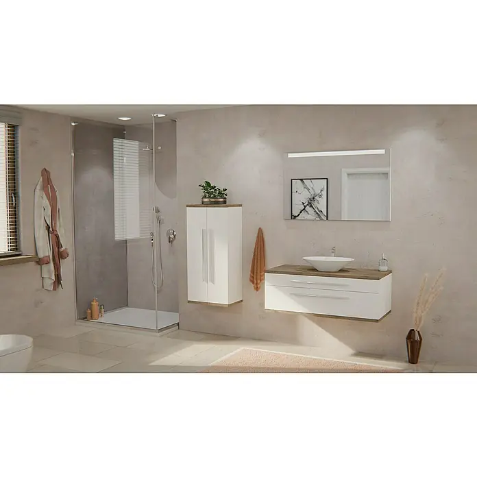 Fackelmann Oxford Waschtisch - Ø x H: 420 x 155 mm, Hahnloch: Ohne, Ohne Überlauf, Weiß - Ein elegantes Badezimmer-Interieur mit einem modernen Waschtischunterschrank, einem Spiegelschrank und einer begehbaren Dusche, die ein stilvolles Ambiente schaffen.