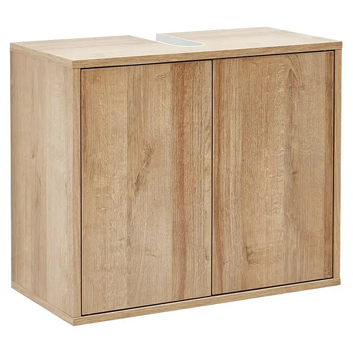 Fackelmann Finn Waschbeckenunterschrank - B x T x H: 600 x 305 x 500 mm, Ast-Eiche Holzoptik - Ein moderner Holz-Waschtischunterschrank mit zwei Türen bietet praktischen Stauraum im Badezimmer.