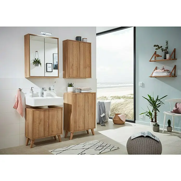 Fackelmann Finn Waschbeckenunterschrank - B x T x H: 600 x 305 x 500 mm, Ast-Eiche Holzoptik - Badezimmer mit Waschtischunterschrank, Spiegelschrank und Hochschrank in Holzoptik. Das Set bietet viel Stauraum und modernes Design.