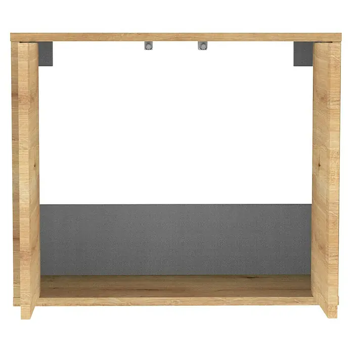 Fackelmann Finn Waschbeckenunterschrank - B x T x H: 600 x 305 x 500 mm, Ast-Eiche Holzoptik - Abbildung eines offenen Holzschranks mit grauer Rückwand, ideal zur Aufbewahrung und Organisation von Gegenständen.