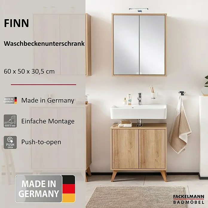 Fackelmann Finn Waschbeckenunterschrank - B x T x H: 600 x 305 x 500 mm, Ast-Eiche Holzoptik - Das Bild zeigt ein Badezimmer-Set von Fackelmann Badmöbel mit Waschbeckenunterschrank, Spiegelschrank und Hängeschrank.