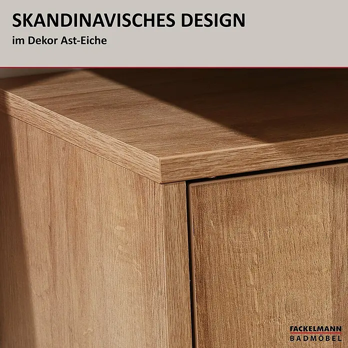 Fackelmann Finn Waschbeckenunterschrank - B x T x H: 600 x 305 x 500 mm, Ast-Eiche Holzoptik - Detailaufnahme eines Fackelmann Badmöbels im skandinavischen Design und Dekor Ast-Eiche.