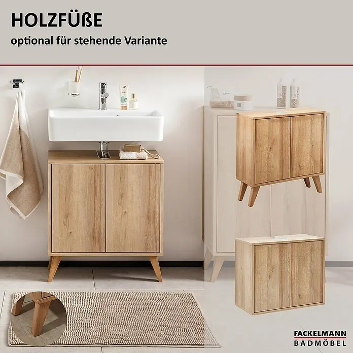 Fackelmann Finn Waschbeckenunterschrank - B x T x H: 600 x 305 x 500 mm, Ast-Eiche Holzoptik - Holzfarbener Waschbeckenunterschrank mit zwei Türen und optionalen Holzfüßen für stehende Montage, Badmöbel.