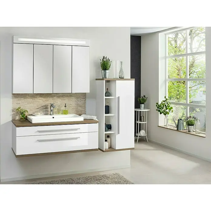 Fackelmann Stanford Waschtisch Stanford - B x H: 700 x 165 mm, Hahnloch: Mitte, Mit Überlauf, Weiß - Das moderne Badezimmer verfügt über einen stilvollen Waschtisch mit Waschbecken und Unterschrank, ergänzt durch einen passenden Spiegelschrank.