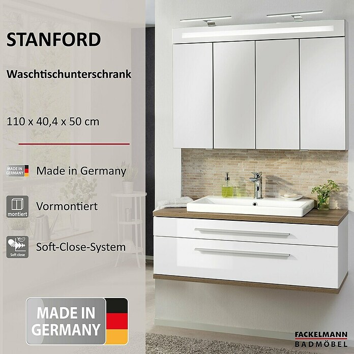 Fackelmann Stanford Waschbeckenunterschrank (B x T x H: 1 000 x 500 x 404 mm, Nature Oak, Weiß, MIT Beckenausschnitt) | BAUHAUS