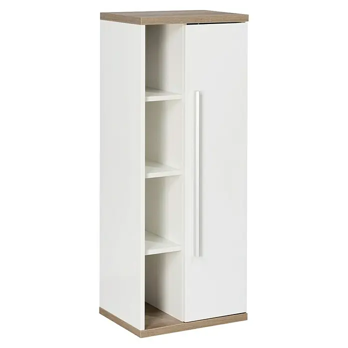 Fackelmann Stanford Bad-Midischrank - B x T x H: 418 x 320 x 1.060 mm, Nature Oak, Weiß, Anschlag: rechts - Aufnahme eines weißen Schranks mit Holzakzenten, der eine Kombination aus offenen Regalen und einer geschlossenen Tür bietet.