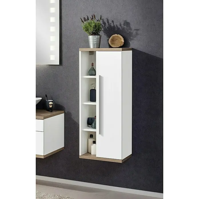 Fackelmann Stanford Bad-Midischrank - B x T x H: 418 x 320 x 1.060 mm, Nature Oak, Weiß, Anschlag: rechts - Ein moderner Badezimmerschrank in Weiß und Holzoptik mit offenen Regalen und einer Tür, ideal für stilvolle Badaufbewahrung.