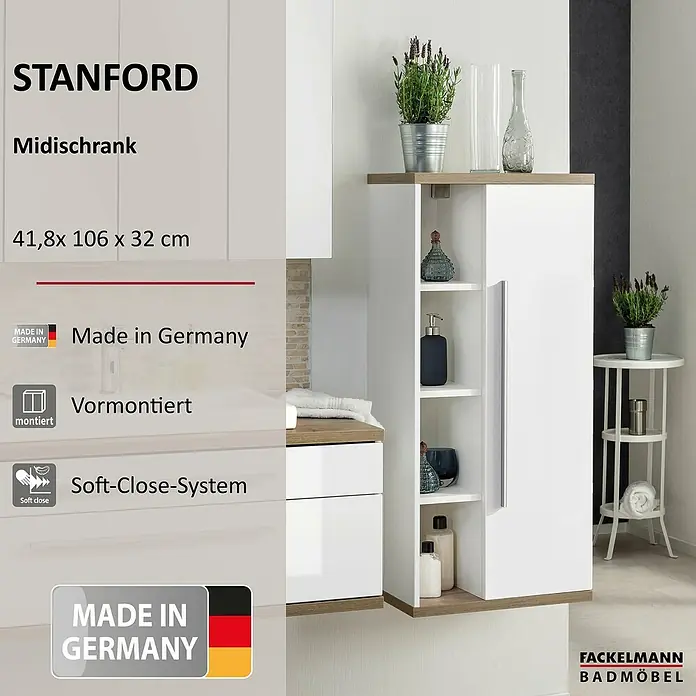 Fackelmann Stanford Bad-Midischrank - B x T x H: 418 x 320 x 1.060 mm, Nature Oak, Weiß, Anschlag: rechts - Produktbild des STANFORD Midischranks in Weiß und Holzoptik, inklusive Details zu Größe und Eigenschaften.