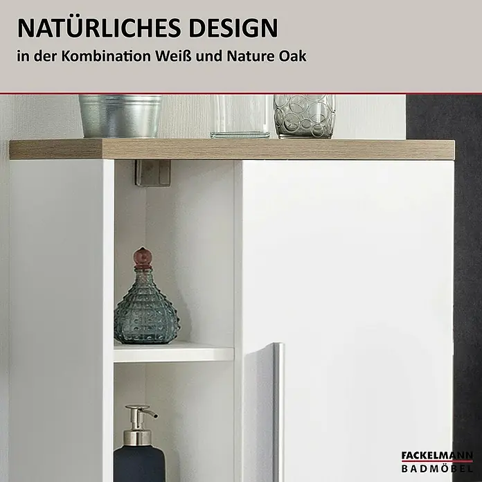 Fackelmann Stanford Bad-Midischrank - B x T x H: 418 x 320 x 1.060 mm, Nature Oak, Weiß, Anschlag: rechts - Badezimmermöbel von Fackelmann im natürlichen Design in Weiß und Nature Oak mit Ablage und Stauraum.