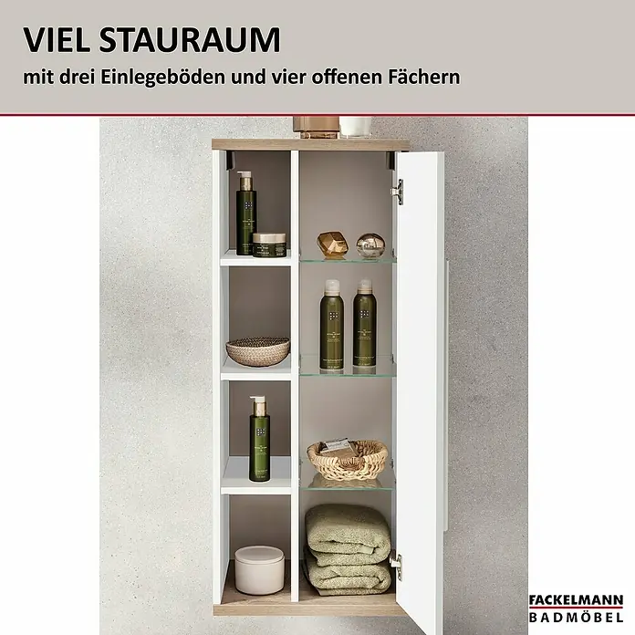 Fackelmann Stanford Bad-Midischrank - B x T x H: 418 x 320 x 1.060 mm, Nature Oak, Weiß, Anschlag: rechts - Viel Stauraum im Badezimmer: Der Fackelmann Badmöbel-Hängeschrank mit vier offenen Fächern und drei Einlegeböden bietet reichlich Platz.