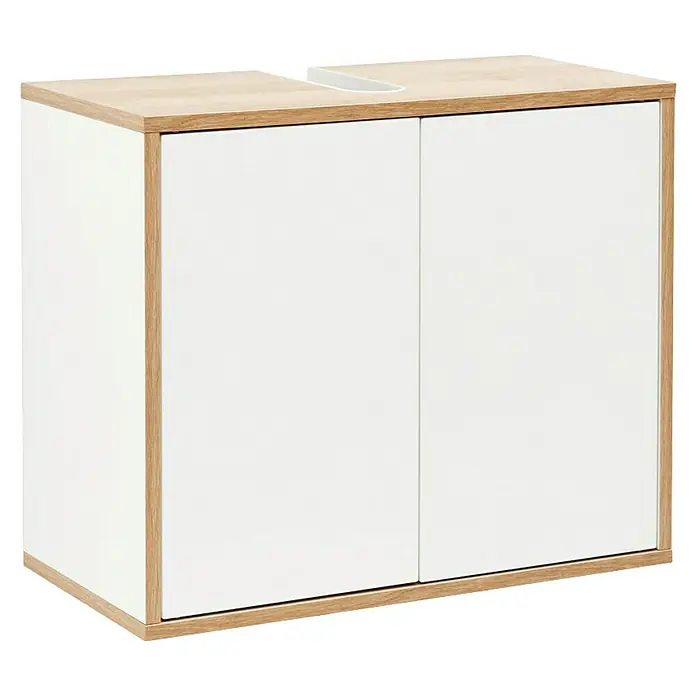Fackelmann Finn Waschbeckenunterschrank - B x T x H: 600 x 305 x 500 mm, Ast-Eiche, Weiß - Helles Holzdekor Waschbeckenunterschrank mit zwei weißen Türen. Der Schrank bietet stilvollen Stauraum im Badezimmer.