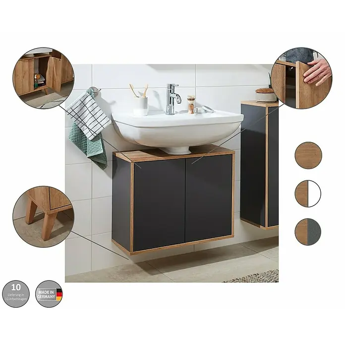 Fackelmann Finn Waschbeckenunterschrank - B x T x H: 600 x 305 x 500 mm, Ast-Eiche, Anthrazit - Badezimmer-Waschtisch mit Unterschrank in Grau und Holzoptik, passend für moderne Badezimmerdesigns.