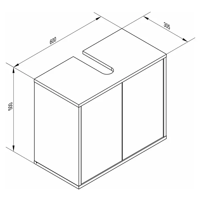 Fackelmann Finn Waschbeckenunterschrank - B x T x H: 600 x 305 x 500 mm, Ast-Eiche Holzoptik - Eine schematische Darstellung eines Badezimmerunterschranks mit den Maßen 600x500x305 mm.