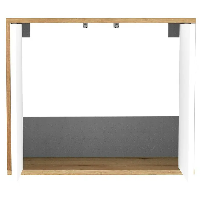 Fackelmann Finn Waschbeckenunterschrank - B x T x H: 600 x 305 x 500 mm, Ast-Eiche, Weiß - Nahaufnahme eines modernen Holzregals mit weißer Innenausstattung und einem grauen Hintergrund, das Funktionalität und Stil vereint.
