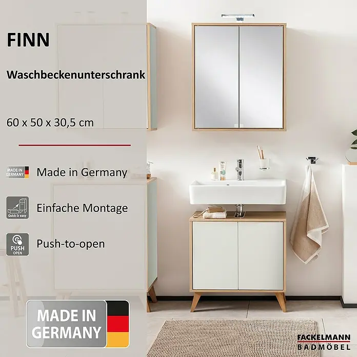 Fackelmann Finn Waschbeckenunterschrank - B x T x H: 600 x 305 x 500 mm, Ast-Eiche, Weiß - Finn Waschtischunterschrank: Moderner Badschrank mit weißen Fronten und Holzrahmen, inklusive Spiegel und Stauraum. Made in Germany.