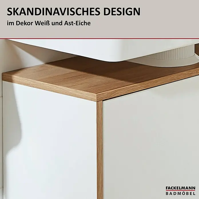 Fackelmann Finn Waschbeckenunterschrank - B x T x H: 600 x 305 x 500 mm, Ast-Eiche, Weiß - Das Fackelmann Badmöbel im skandinavischen Design mit weißem Dekor und Ast-Eiche ist ein echter Hingucker in jedem Badezimmer.