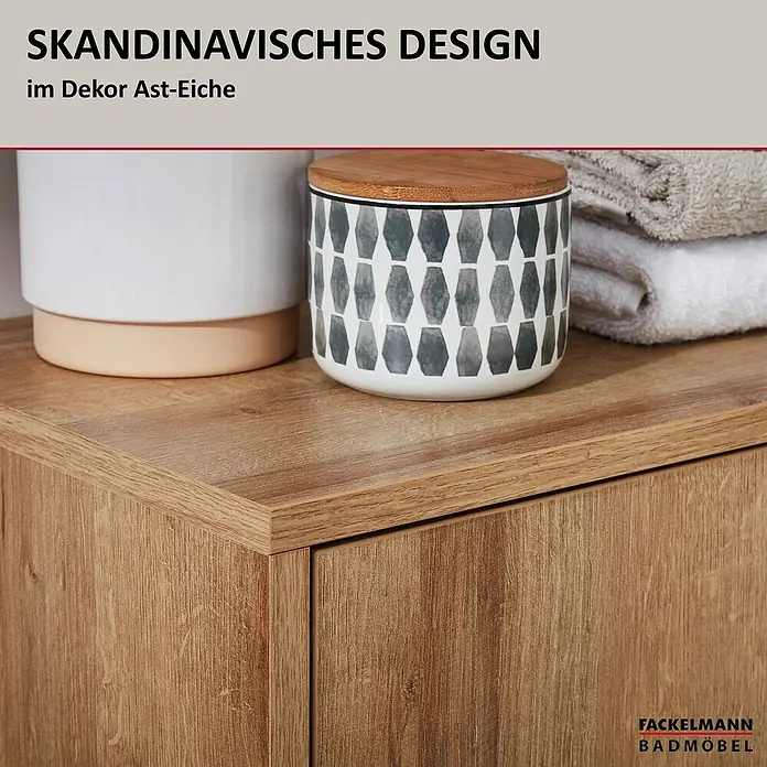 Fackelmann Finn Bad-Midischrank - B x T x H: 600 x 305 x 750 mm, Ast-Eiche - Skandinavisches Design Badezimmermöbel im Dekor Ast-Eiche. Das Möbelstück hat eine schöne Holzoptik und ist ein echter Hingucker im Bad.