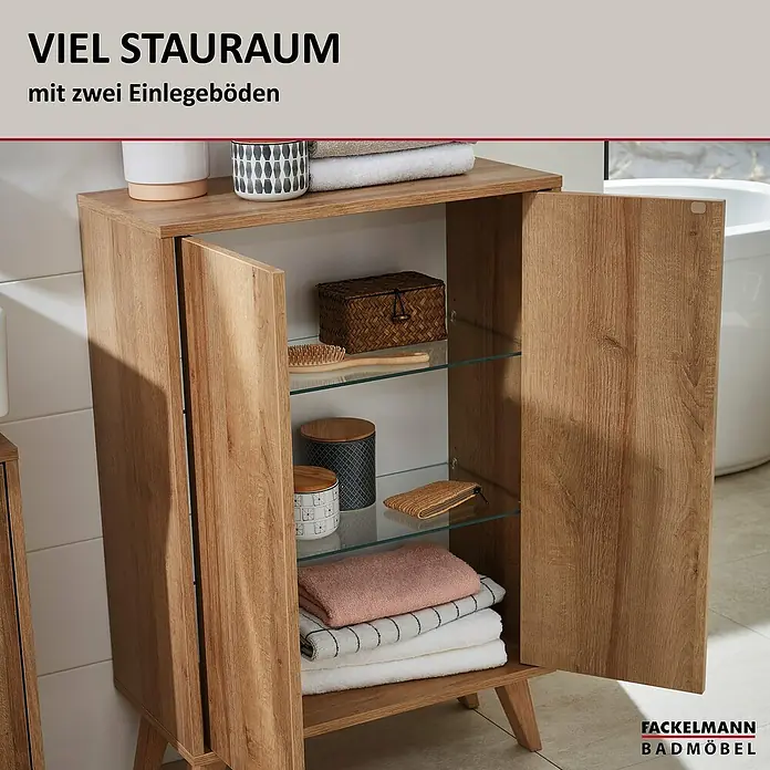 Fackelmann Finn Bad-Midischrank - B x T x H: 600 x 305 x 750 mm, Ast-Eiche - Badmöbel mit viel Stauraum und zwei Einlegeböden. Der Schrank bietet genügend Platz für Badutensilien.
