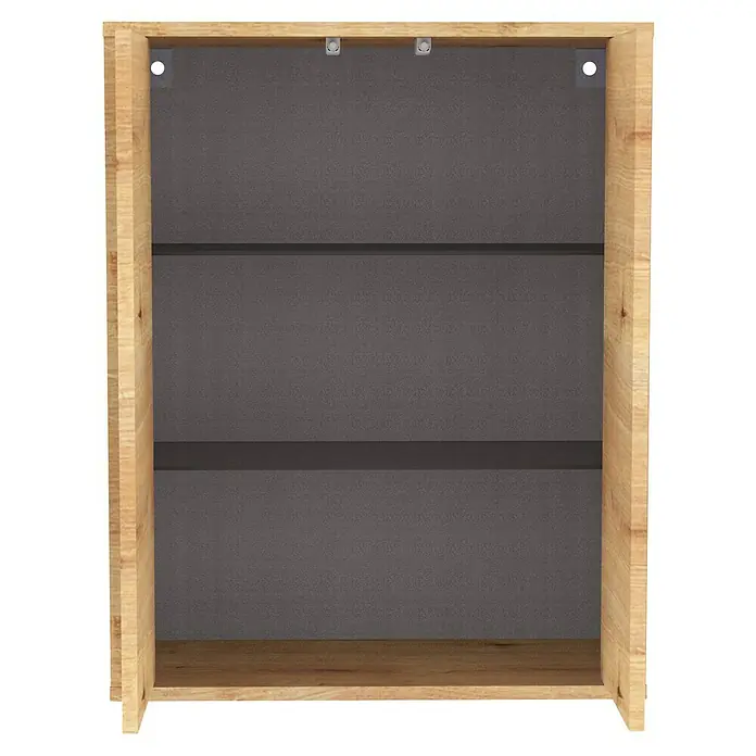 Fackelmann Finn Bad-Midischrank - B x T x H: 600 x 305 x 750 mm, Ast-Eiche - Abbildung eines Holzschrankes mit grauen Regalen. Ein schlichtes und elegantes Möbelstück für jeden Raum.