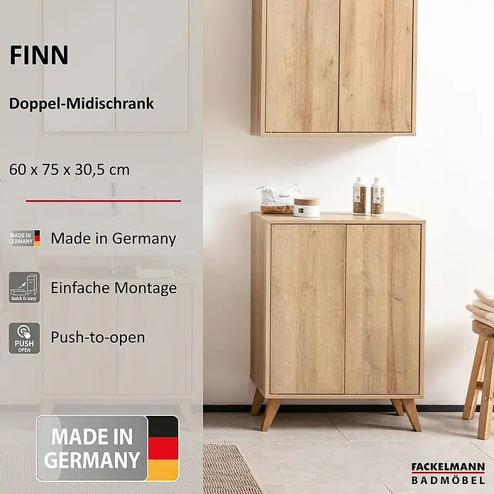 Fackelmann Finn Bad-Midischrank - B x T x H: 600 x 305 x 750 mm, Ast-Eiche - Das Bild zeigt einen Fackelmann Doppel-Midischrank Finn in Holzoptik, ideal für Badezimmer. Er bietet Stauraum und ist ein optisches Highlight.