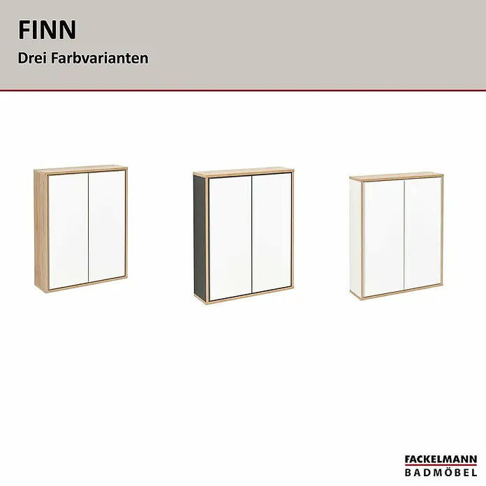 Fackelmann Finn Spiegelschrank - B x H: 600 x 750 mm, Ast-Eiche, Anthrazit - Das Bild zeigt den FINN Badmöbel-Wandschrank in drei verschiedenen Farbvarianten: hellem Holz, dunklem Grau und hellem Holz mit weißen Fronten.