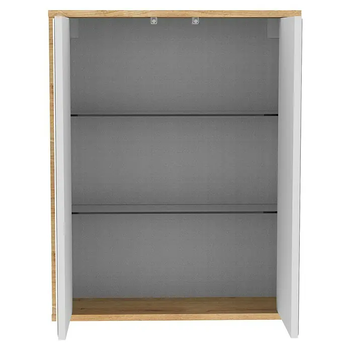 Fackelmann Finn Spiegelschrank - B x H: 600 x 750 mm, Ast-Eiche, Anthrazit - Aufnahme eines hellen und leeren Holzregals mit zwei Einlegeböden und einem grauen Hintergrund.