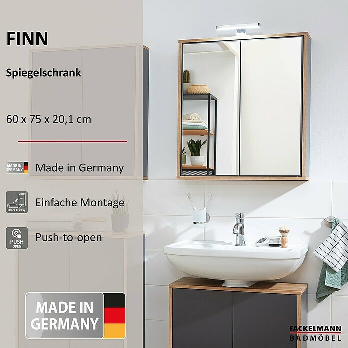 Fackelmann Finn Spiegelschrank (B x H: 600 x 750 mm, Ast-Eiche, Anthrazit) | BAUHAUS