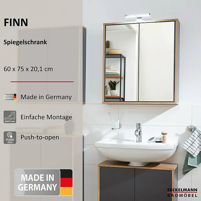 Fackelmann Finn Spiegelschrank - B x H: 600 x 750 mm, Ast-Eiche, Anthrazit - Produktbild des Spiegelschranks Finn von Fackelmann Badmöbel in Eiche Optik und den Maßen 60 x 75 x 20,1 cm.