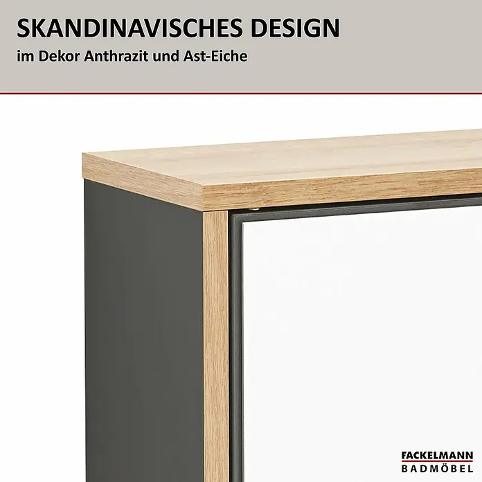 Fackelmann Finn Spiegelschrank - B x H: 600 x 750 mm, Ast-Eiche, Anthrazit - Detailaufnahme eines Fackelmann Badezimmermöbels in Anthrazit und Ast-Eiche.