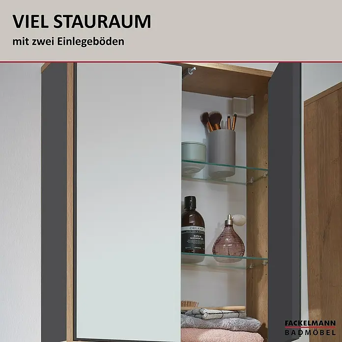 Fackelmann Finn Spiegelschrank - B x H: 600 x 750 mm, Ast-Eiche, Anthrazit - Badezimmerschrank mit viel Stauraum und zwei Einlegeböden für Ordnung. Elegantes Design für jedes Badezimmer.