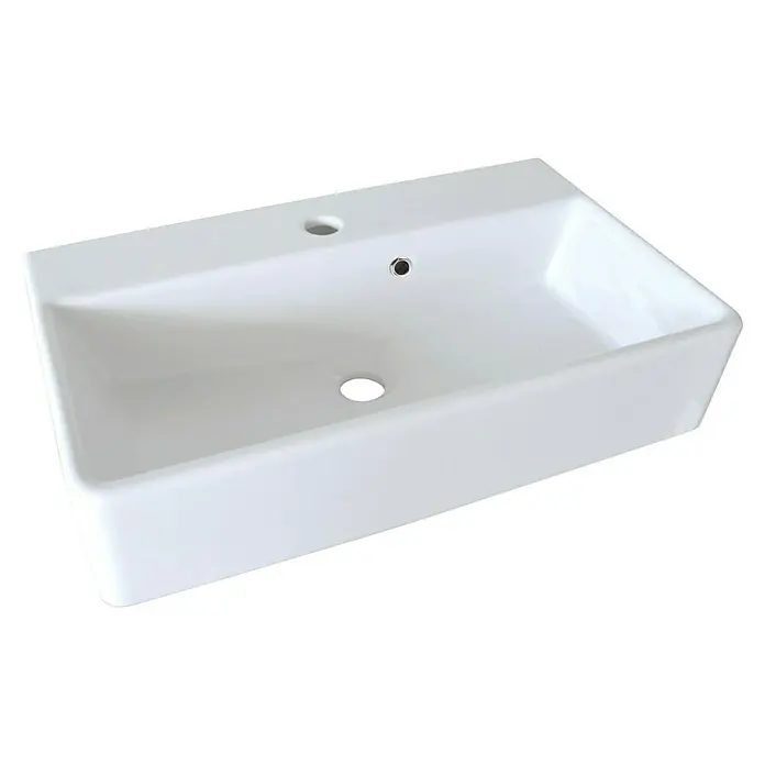 Fackelmann Waschtisch - 60 x 35 cm, Hahnloch: Mitte, Mit Überlauf, Weiß - Detailaufnahme eines rechteckigen, weißen Aufsatzwaschbeckens mit Hahnloch und Überlauf. Moderne Badkeramik für stilvolle Badezimmer.