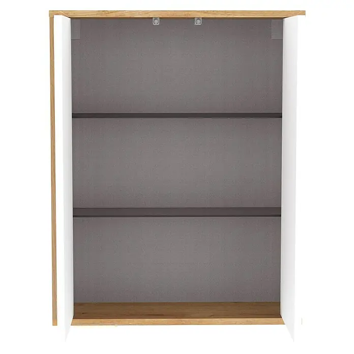 Fackelmann Finn Bad-Hängeschrank - B x T x H: 600 x 201 x 750 mm, Ast-Eiche, Weiß - Innenansicht eines Regals mit Holzrahmen und weißen Seitenwänden, das zwei graue Regalböden zeigt. Praktisch für die Organisation.