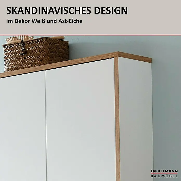 Fackelmann Finn Bad-Hängeschrank - B x T x H: 600 x 201 x 750 mm, Ast-Eiche, Weiß - Ein stilvolles Fackelmann Badmöbel im skandinavischen Design, Weiß und Ast-Eiche Dekor. Praktisch und ästhetisch für jedes Badezimmer.