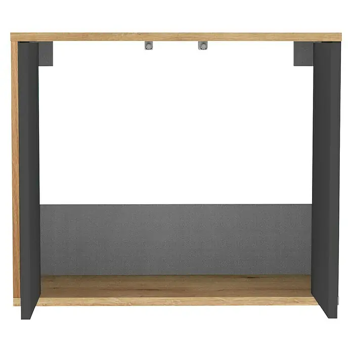 Fackelmann Finn Waschbeckenunterschrank - B x T x H: 600 x 305 x 500 mm, Ast-Eiche, Anthrazit - Innenansicht eines modernen Holzschranks. Der Schrank besticht durch sein schlichtes Design und die hochwertige Verarbeitung des Holzes.