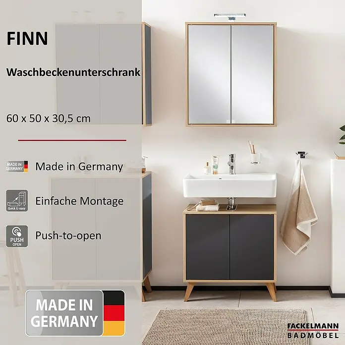 Fackelmann Finn Waschbeckenunterschrank - B x T x H: 600 x 305 x 500 mm, Ast-Eiche, Anthrazit - Produktbild des Fackelmann FINN Waschtischunterschranks mit Spiegel, Unterschrank und den Maßen 60 x 50 x 30,5 cm.