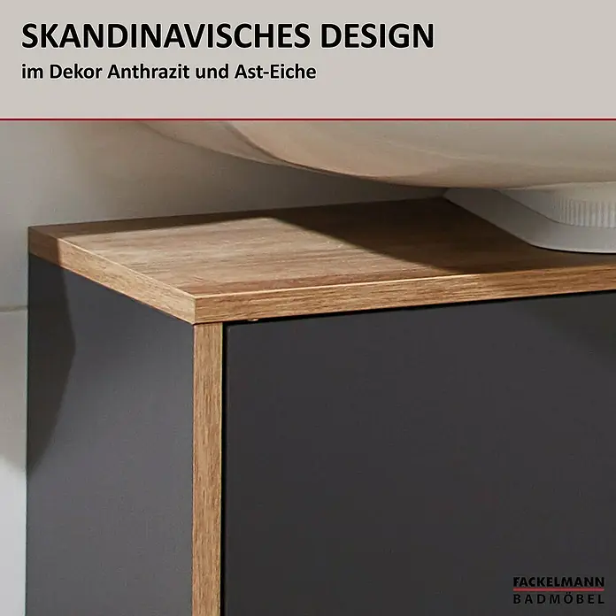 Fackelmann Finn Waschbeckenunterschrank - B x T x H: 600 x 305 x 500 mm, Ast-Eiche, Anthrazit - Modernes Badezimmermöbel in Anthrazit und Ast-Eiche Dekor. Skandinavisches Design für stilvolle Badezimmer.